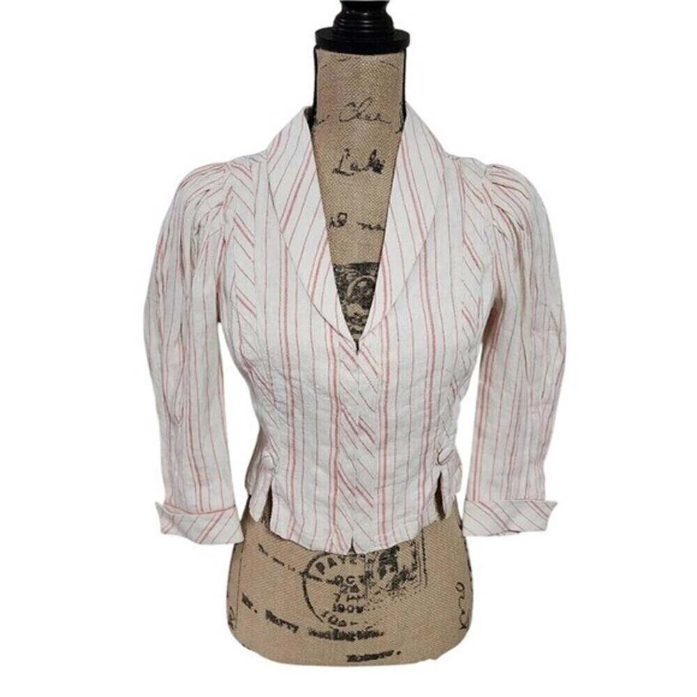 Love Sam pink and white linen blend puffed sleeve cropped Victorian vibes blazer